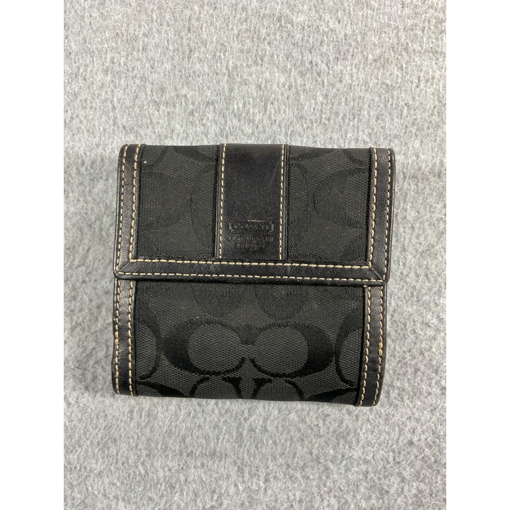 Coach Signature Jacquard Trifold Wallet Black Leather Trim Small Compact Snap